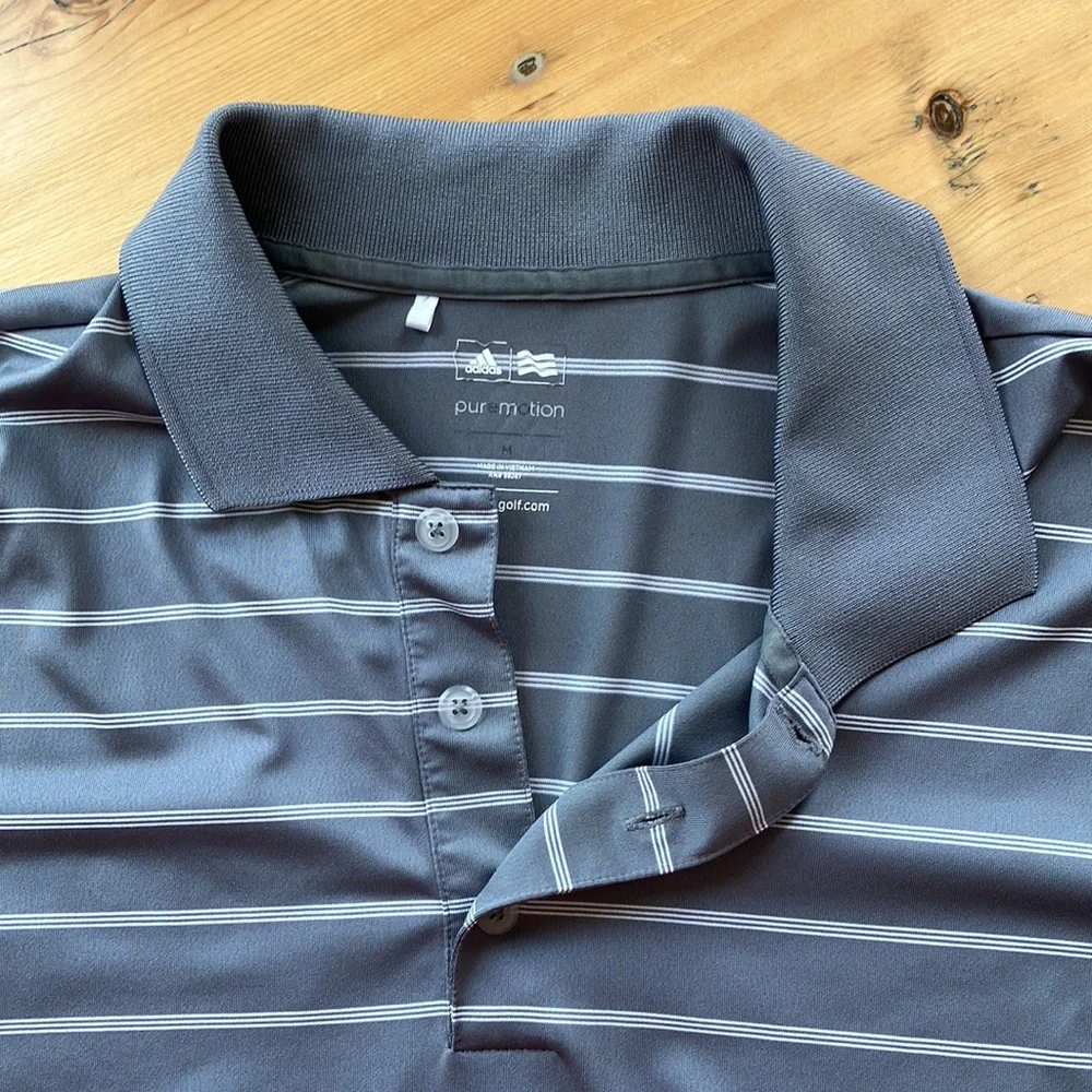 Adidas Puremotion Men’s Med Golf Shirt Gray and White Stripe